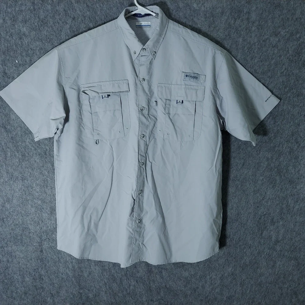 Columbia Men Shirt L Gray Coastal Bahama PFG Short Sleeve Button Down Fishing